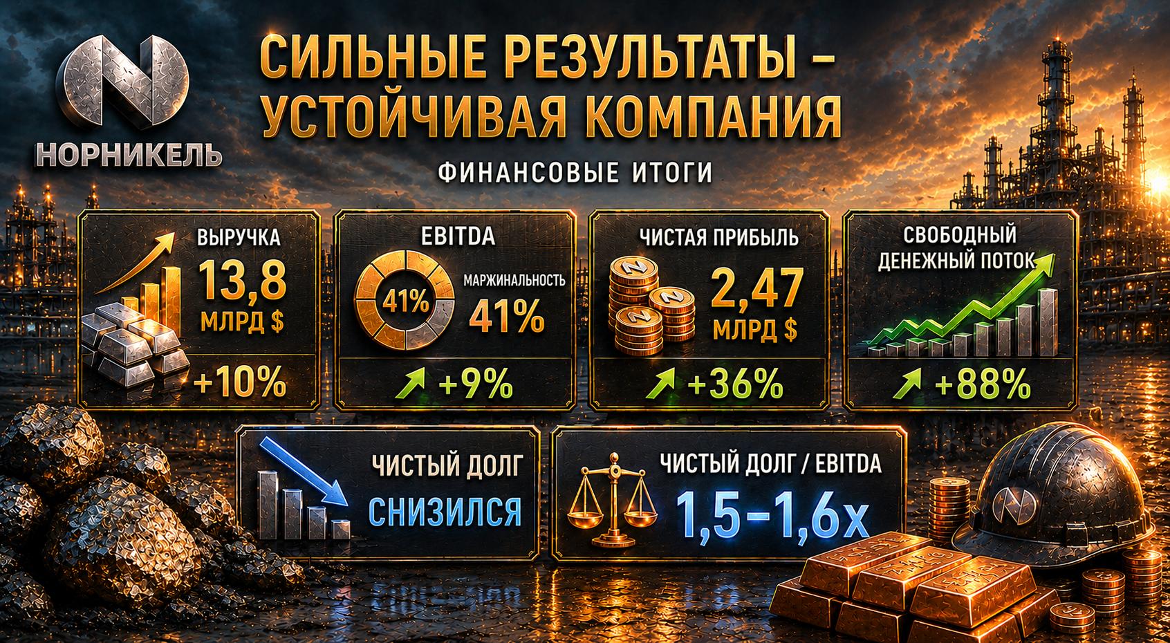 Финансовые итоги Норникеля: чистый долг/EBITDA 1,5–1,6х